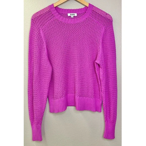 525 America Open Knit Crochet Vibrant Purple Pink Crewneck Sweater - Picture 2 of 7